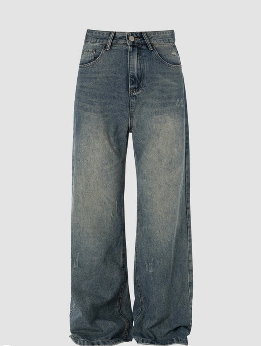 Vintage Wash Distressed Wide-Leg Jeans