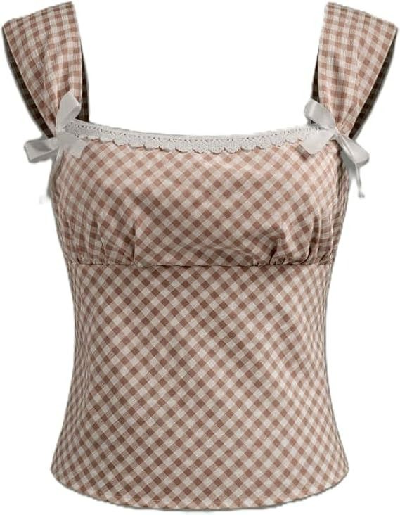 Gingham Lace Trim Sleeveless Top