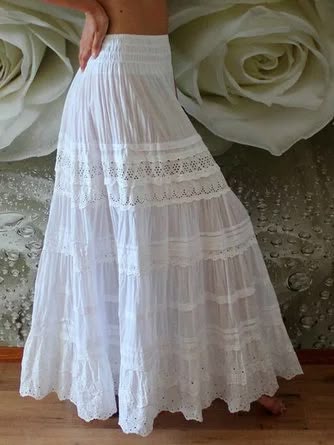 Boho White Cotton Lace Maxi Skirt