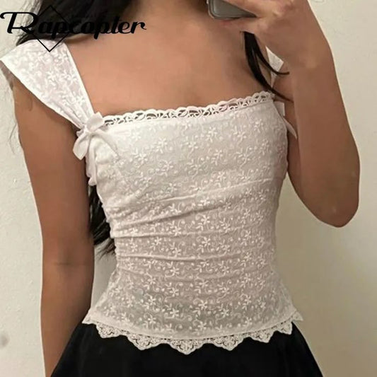White Floral Lace Sleeveless Boho Top